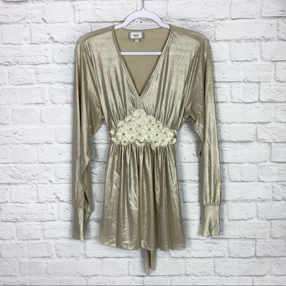 ECI Tops - ECI New York Metallic Gold Rosette VNeck Blouse L